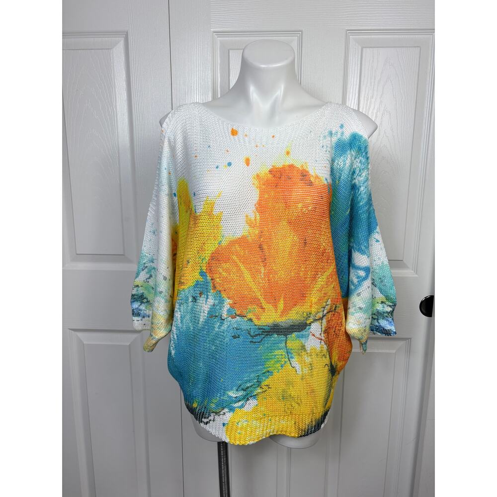 Luisa Ricci Cold Shoulder Sweater Loose Knit White Orange Abstract Floral Size L